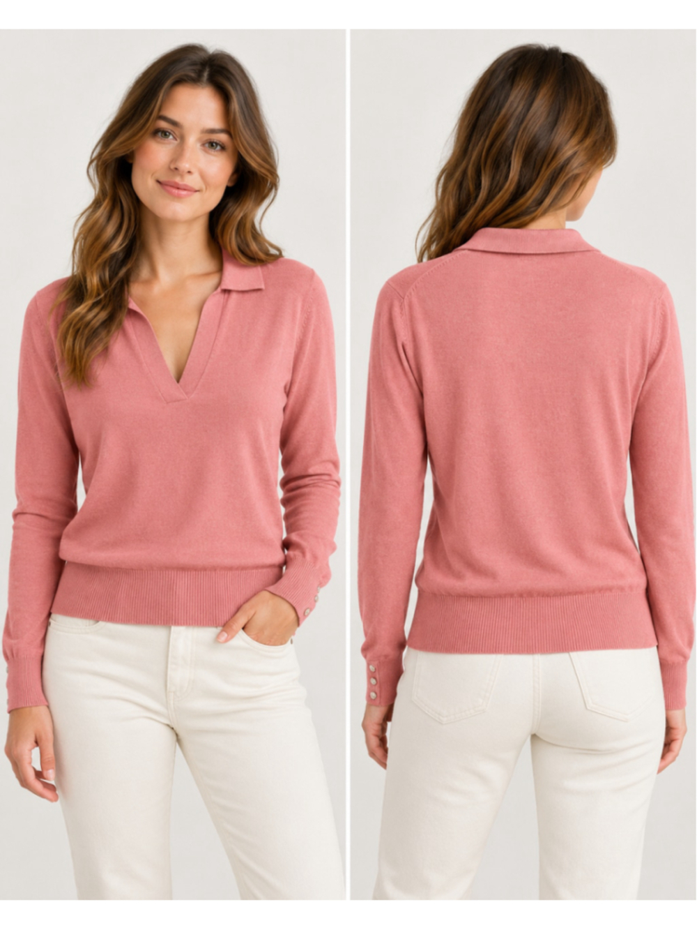 Real Clothes Women’s Pink Silk Cashmere Blend Collared V-Neck Sweater Size M